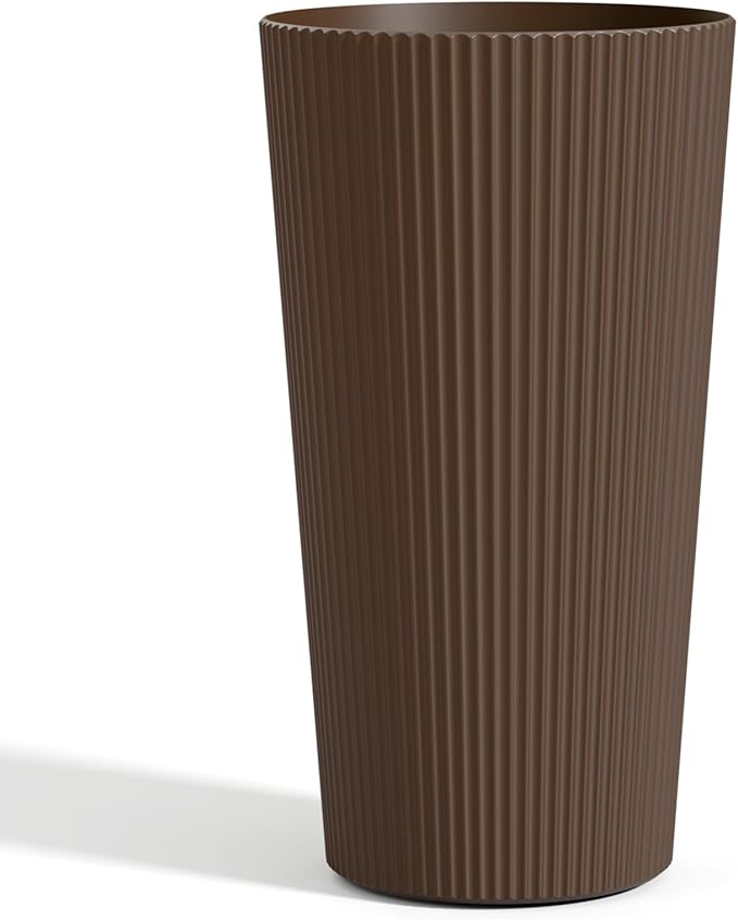 FONTOI 23.6" Tall Planter for Outdoor Plants Set of 2 Large Outdoor Plastic Striped Flower Pots, Front Porch Furniture, Garden Pots, Decorative Planters for Indoor/Outdoor, Patio, Balcony, Brown