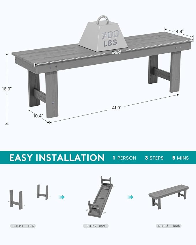SERWALL 2-Person Outdoor Bench Backless, HDPE Outdoor Benches Weatherproof, 700 Lbs Weight Capacity, Poly Lumber Patio Furniture for Garden, Porch and Park, Grey
