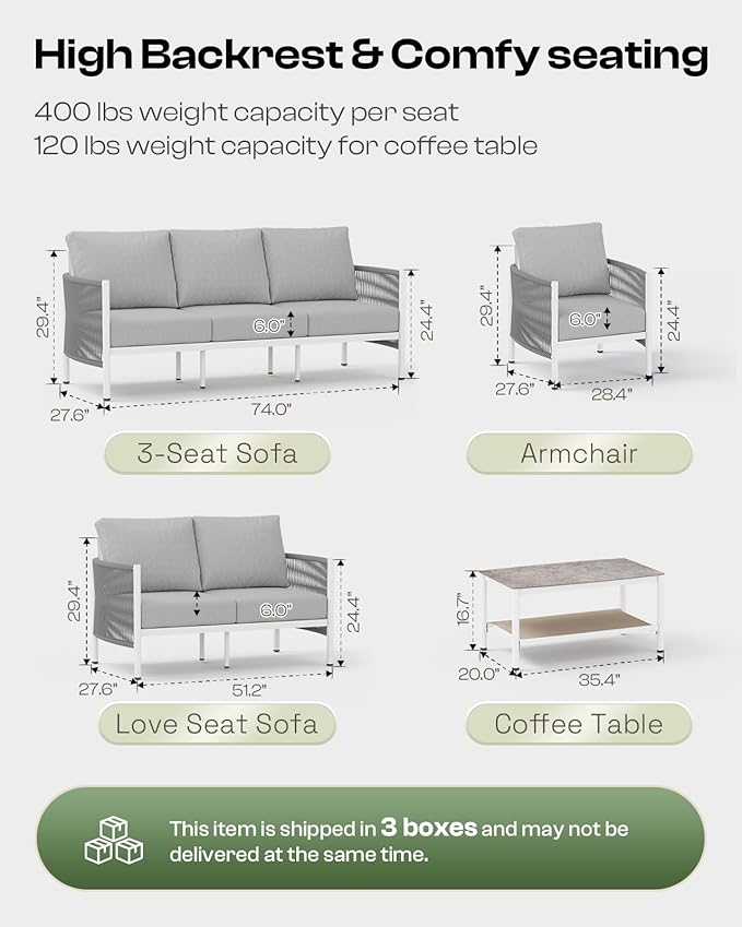 Aluminum Outdoor Patio Furniture Set with Dual-Layer Coffee Table, 4 Piece Modern Patio Conversation Sets with PE Rope, Outdoor Sectional Sofa with Thick Cushions for Balcony, Porch, White