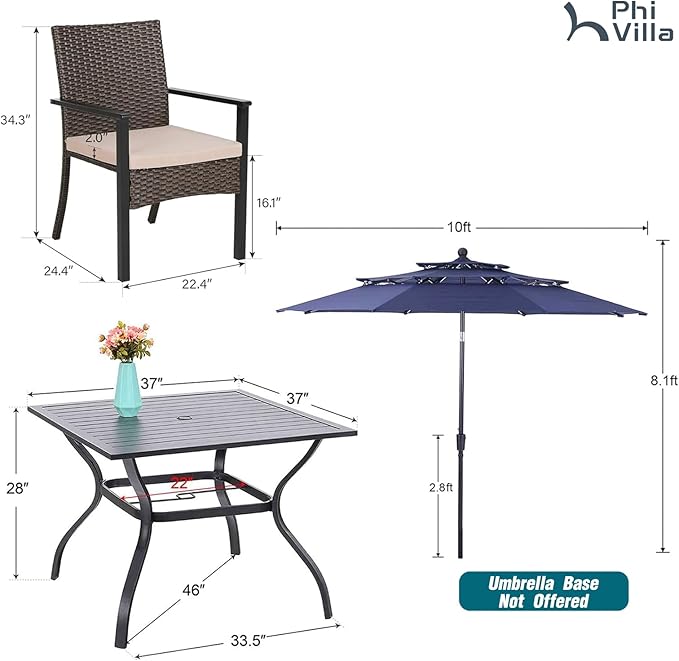 PHI VILLA 5 Pieces Outdoor Dining Set with Umbrella for 4, 37" Square Metal Dining Table & 4 Cushioned Wicker Rattan Chairs with 10ft Navy Blue Umbrella for Patio, Deck, Yard, Porch