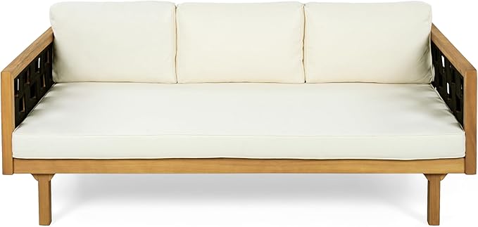 Christopher Knight Home Rosie Acacia Wood Outdoor Daybed Sofa with Water-Resistant Cushion, Solid Wood Patio 3 Seater Sofa Couch, Patio Garden Lounge Sofa with Woven Rope Accent, Black+Teak+Beige
