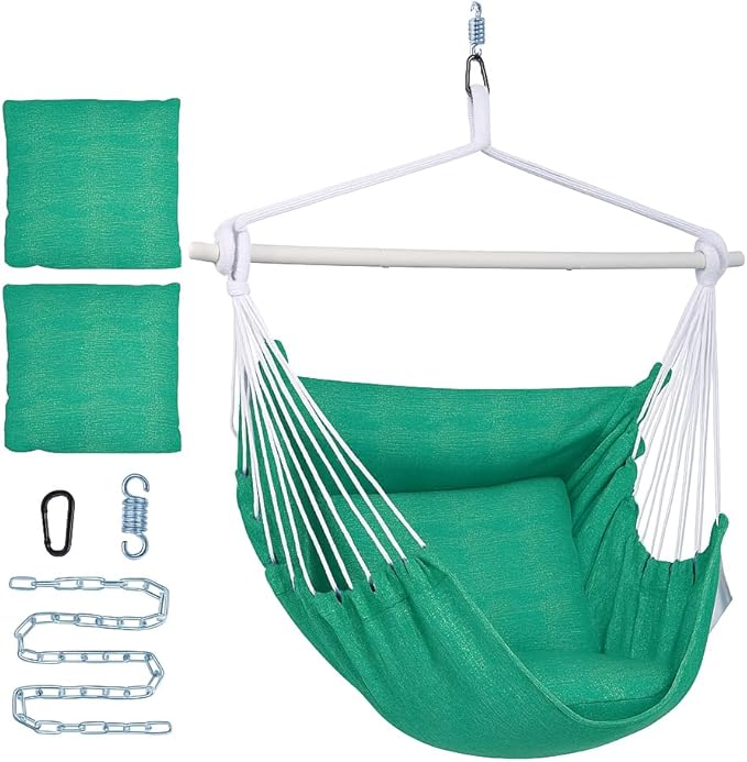 Backyard Expressions Hanging Hammock Chair Swing with Cushions & Hanging Kit – 500 lb Capacity, Cotton Blend Fabric, for Indoor/Outdoor Use – Includes Chain, Hooks & Spring – 5 Colors