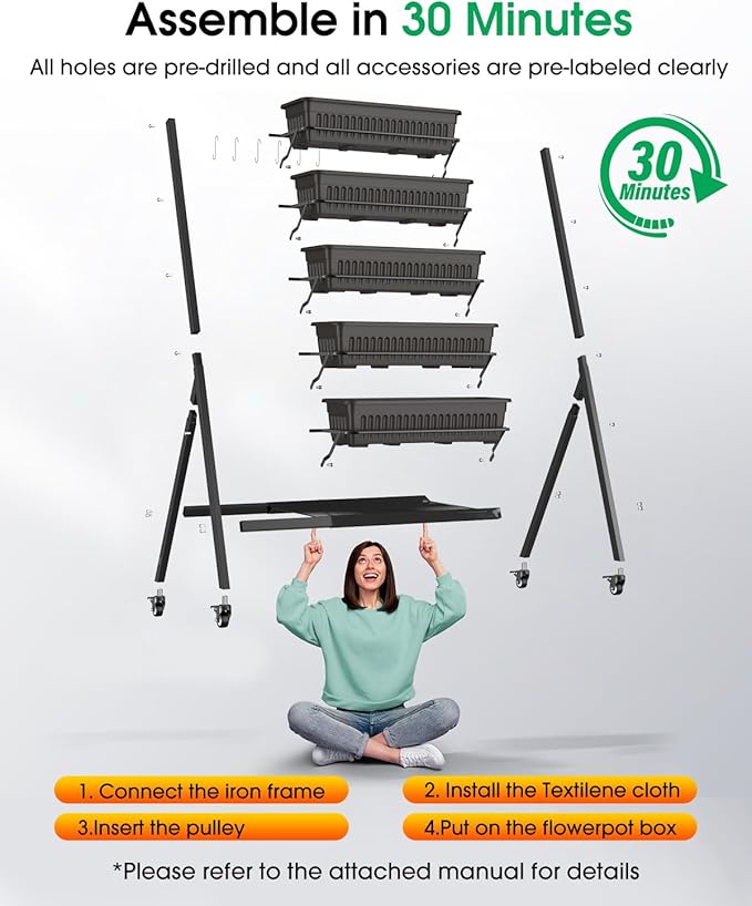 5-Tier Vertical Garden Bed Planter Boxes with Wheels, Drainage System & Storage Space, Mobile Vertical Garden Planter with 5 S-Hooks for Plants Vegetables Flowers Herbs in Garden Patio Yard