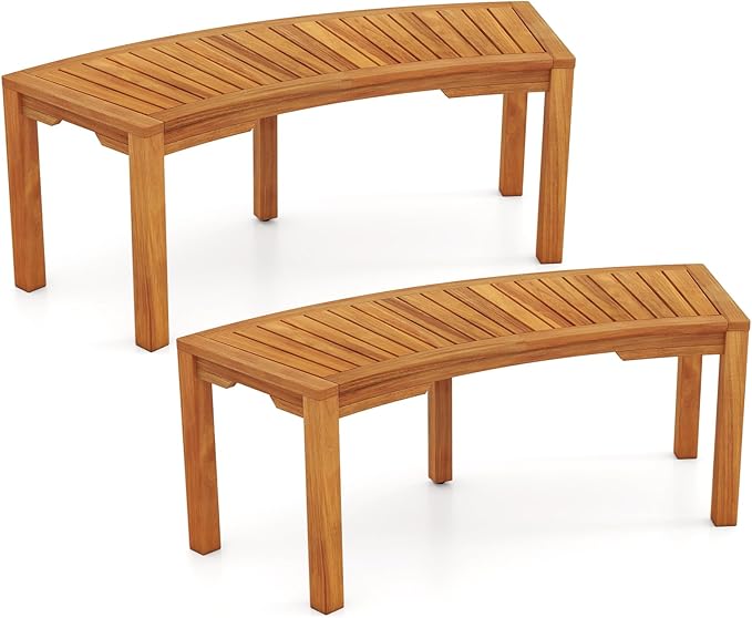 Tangkula Outdoor Curved Bench, Acacia Wood Fire Pit Bench w/Slatted Seat, Patio Backless 2-Person Seating for Porch, Yard, Garden, 800 LBS Max Load, Oil Painted (2, 45")
