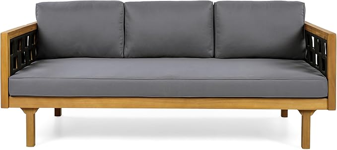 Christopher Knight Home Rosie Acacia Wood Outdoor Daybed Sofa with Water-Resistant Cushion, Solid Wood Patio 3 Seater Sofa Couch, Patio Garden Lounge Sofa with Woven Rope Accent, Black+Teak+Dark Gray