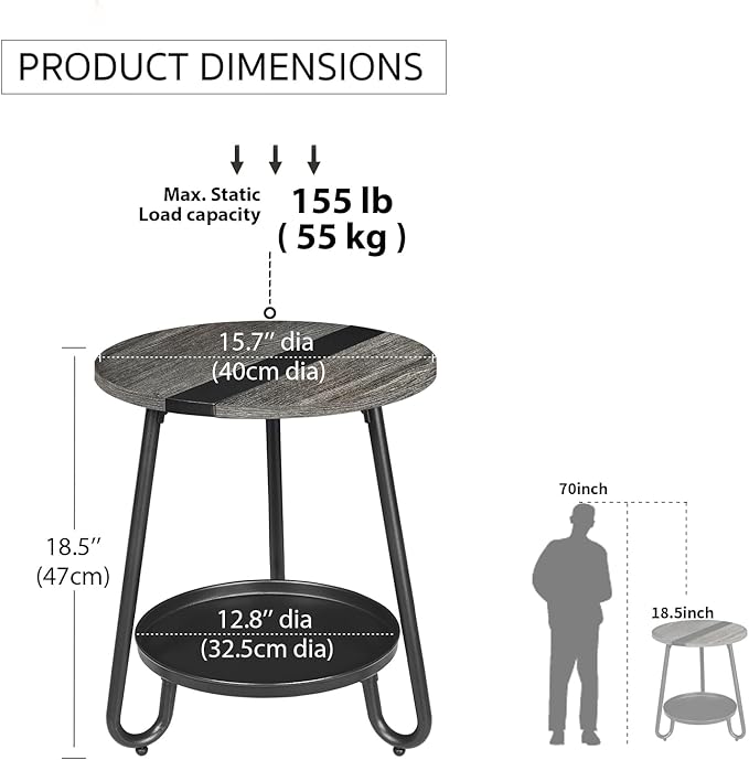 2 Tier Coffee Table in Living Room, Industrial Style Round Coffee Table with Metal Tray, Wood Small Outdoor Coffee Table for Bedroom Balcony Patio, Gray