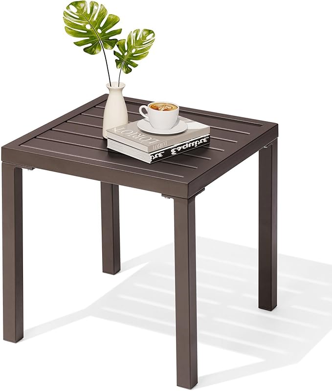 Crestlive Products Outdoor Side Table, Small Square Metal End Table Easy Assembly & Weather Resistant Pool Side Tables for Patio Balcony（Brown