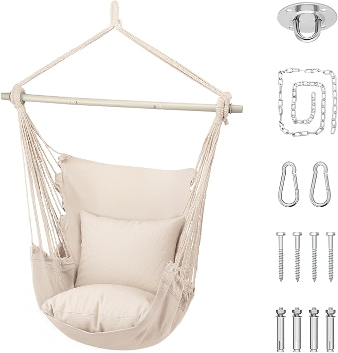 Athena Collection Hammock Chair Hanging Rope Swing Chair with 2 Cushions, Max 350 Lbs, Hanging Macrame Chair with Anti-Slip Grooves Spreader Bar and Pocket for Outdoor Indoor Patio Yard, Beige