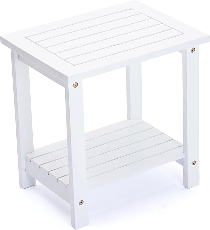 Outdoor Side Table, 2-Tier Acacia Wood End Table for Patio & Indoor Use, Small Rustic Accent Table for Covered Porch, Balcony, Living Room (White)