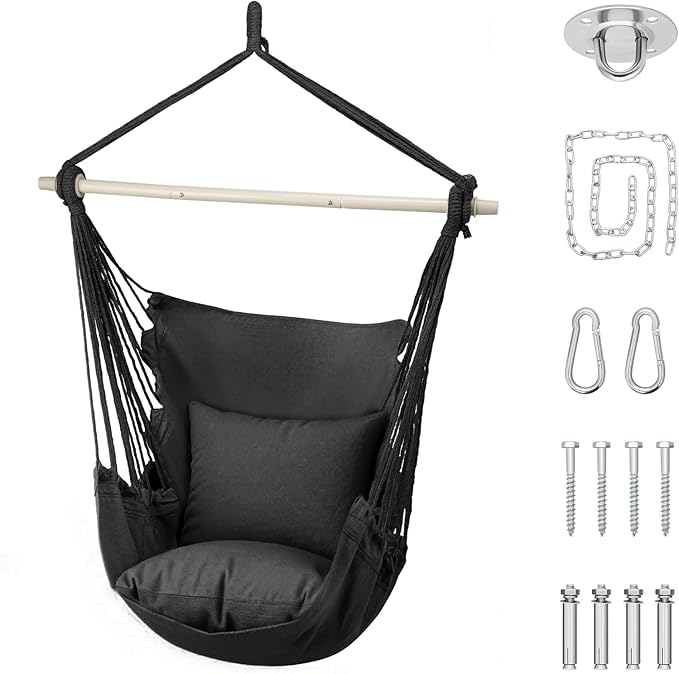 Athena Collection Hammock Chair Hanging Rope Swing Chair with 2 Cushions, Max 350 Lbs, Hanging Macrame Chair with Anti-Slip Grooves Spreader Bar and Pocket for Outdoor Indoor Patio Yard, Black