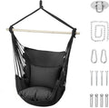 Athena Collection Hammock Chair Hanging Rope Swing Chair with 2 Cushions, Max 350 Lbs, Hanging Macrame Chair with Anti-Slip Grooves Spreader Bar and Pocket for Outdoor Indoor Patio Yard, Black
