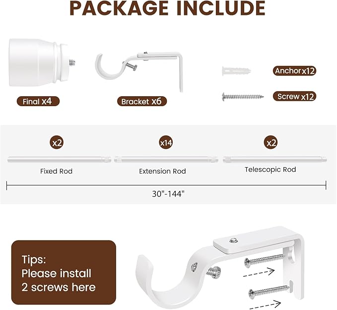 1” Diameter Curtain Rods Itself is 30 to 144 inch 2 Pack Fit 30-142 inch, 66 to 120 inch Window with Heavy Duty Adjustable Rod Matte White Splicing Metal Extra Long Curtain Rod for Windows