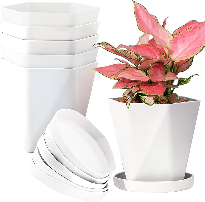 InmeRun Plant Pots Indoor Plastic Flower Pots Outdoor 7 inch Set of 6 Pack with Drainage Holes and Saucers for Garden Pots (7 in 6 White)