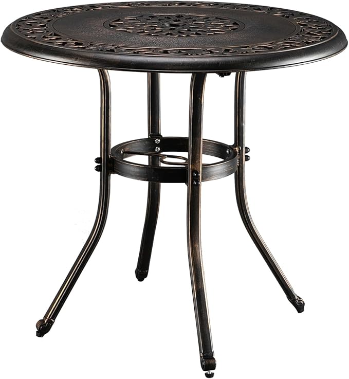 VINGLI 32" Outdoor Dining Table, Round Patio DiningTable with Umbrella Hole, Cast Aluminum Outdoor Bistro Table Patio Furniture Garden Table (Bronze, 32" Dia x 29 H) (Bronze)