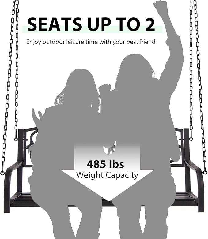 Giantex Patio Metal Porch Swing, 2-Person Hanging Porch Swing Bench with Sturdy Chains & Retro Pattern Backrest, 485 Lbs Weight Capacity Loveseat for Garden, Yard, Front, Outdoor Swing Chairs (Brown)