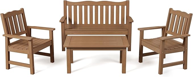 Stoog HIPS Outdoor Patio Dining Set, 4-Piece All-Weather Garden Bench, Chairs and Table Set, Patio Dining Set for Backyard, Lawn, Deck and Porch, Teak
