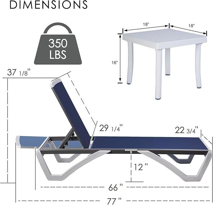 Kozyard Outdoor Chaise Lounge Chair, Full Flat Adjustable Patio Lounger with Aluminum Frame & Resin Legs, Textilene Fabric for Poolside, Backyard & Beach (Blue, Chair with Table)
