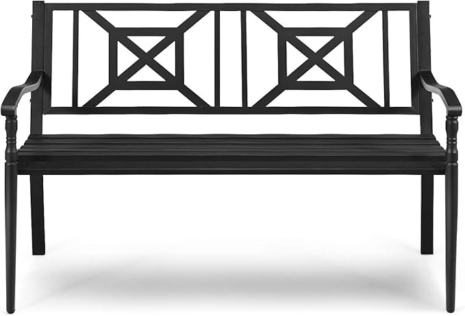 S AFSTAR Outdoor Garden Bench, Metal Porch Bench Seat with Slated Seat & Decorative Backrest, 2-Person Loveseat for Patio Garden, Powder Coated Iron Frame, Patio Bench Front Door Bench for Outside