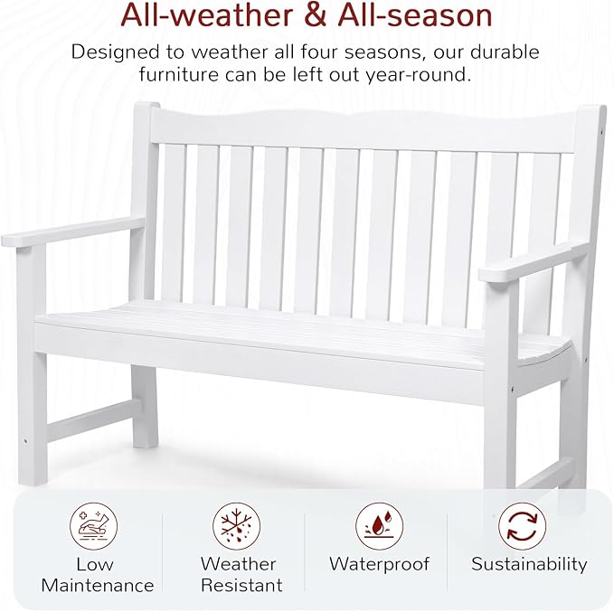 Stoog 2-Person Outdoor Bench, All-Weather HIPS Plastic Garden Bench with 800 lbs Capacity, Never Rot or Fade, Used for Garden, Deck, Backyard and Park, White
