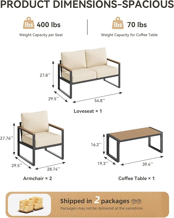 Aoxun Patio Furniture Set, 4 Piece Outdoor Patio Furniture with Thick Cushions, Modern Metal Outdoor Conversation Sets with Coffee Table for Porch, Balcony, Deck Beige