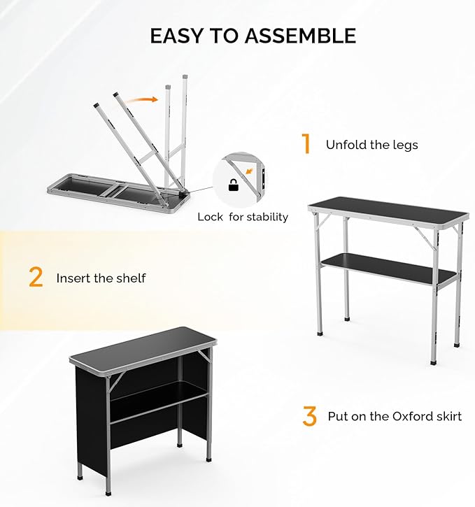 VINGLI Portable Bar Table, 2-Tier Shelves, Mobile Bar Table for Events, Party, Camping, Picnic, Tradeshow, Indoor with Black Skirt, 39 "L x 34" H
