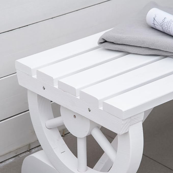 Outsunny 2-Person Wooden Garden Bench, Outdoor Wagon Wheel Porch Bench for Backyard Garden, Support 550 LBS, Rustic Country Style Patio Furniture, White