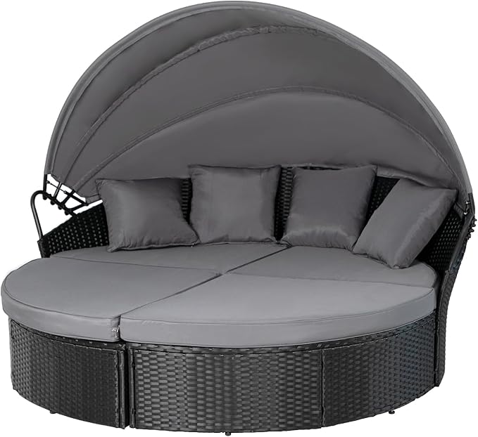Outdoor Patio Furniture Canopy Daybed Round Sofas, 4 Pieces Seating Separates Cushioned Seats, Black Wicker, Lawn Poolside Garden, Grey