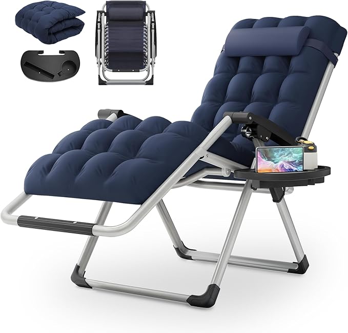 MoNiBloom Stable Folding Chair Outdoor Lounge Chair Beach Pool Lawn Recliner Sunbathing Chair, with Detachable Soft Cushion, Pillow and Side Tray, 330lbs Capacity Blue