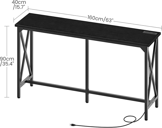 63'' Bar Table, Kitchen Dining Table with Power Outlet and Footrest, Industrial Style, for Pub, Living Room, Black TBT07UBB
