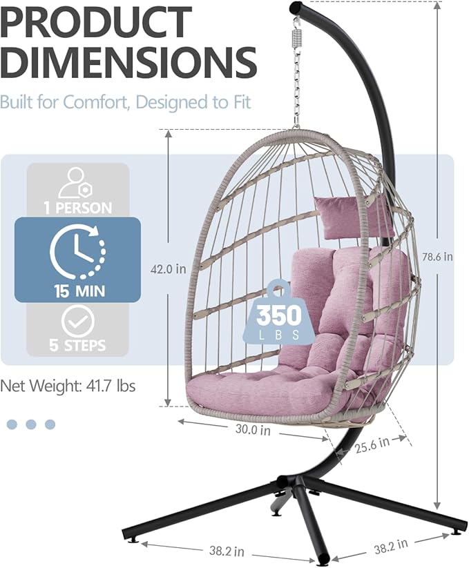SWITTE Egg Chair Outdoor with Stand, Indoor Wicker Hanging Egg Swing Chair with Cushion, 350lbs Capacity for Patio, Bedroom, Garden - Pink