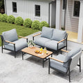 4 Pieces Outdoor Sofa Conversation Set, 4 Seats Couch Set with Table, Metal Frame Rope Weaving Design UV Resistance Waterproof for Patio Garden Balcony, Grey