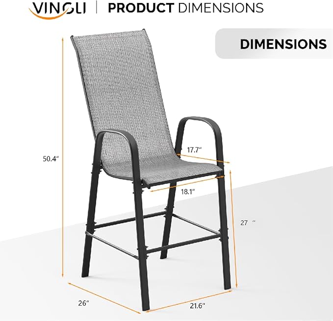 VINGLI Set of 4 Stackable Outdoor Bar Stools – Sling Chairs with High Back & Armrests, for Lawn, Garden, Bar, Grey