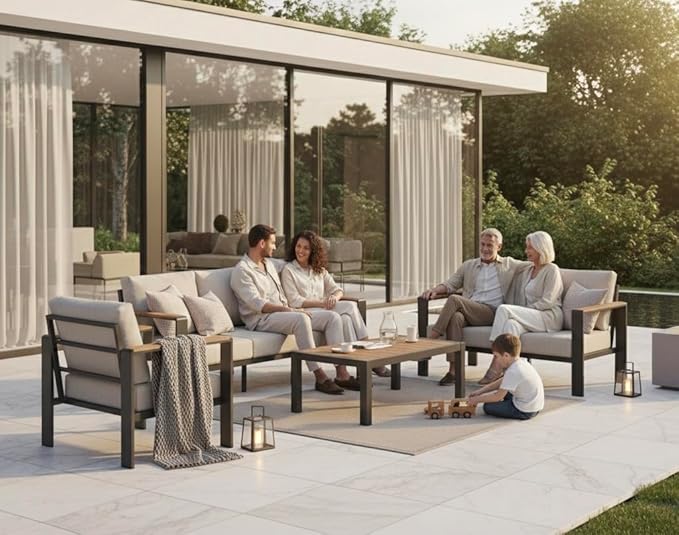 Aluminum Outdoor Patio Furniture Set with Coffee Table, 5 Piece Patio Conversation Sets with Washable Thick Cushions, Patio Sectional Furniture Set for Porch, Balcony, Deck, White