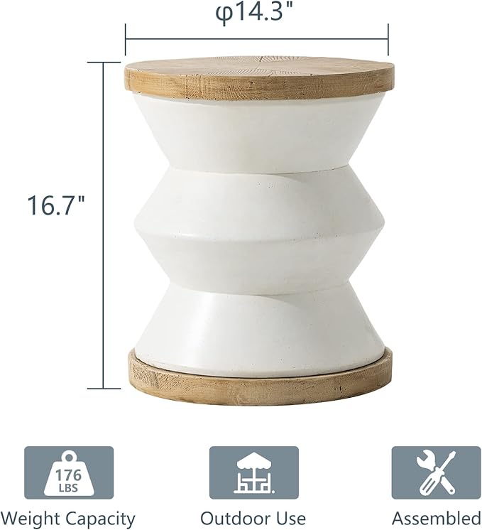 COSIEST White Outdoor Side Table, Round MgO Concrete End Patio Side Table, Lightweight Cylinder Top Plant Stand with Rotund Base for Garden and Deck