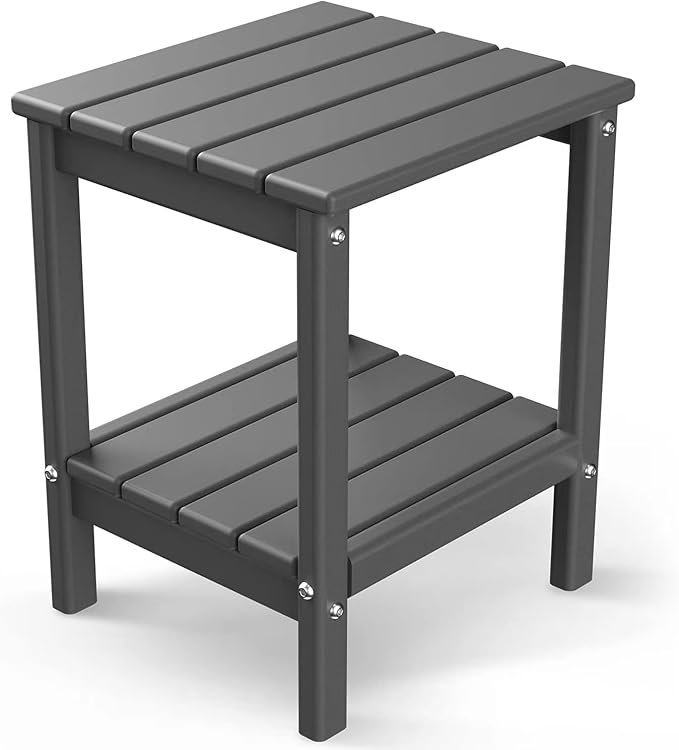 GREENVINES Adirondack-Outdoor-Side-Table | 14 x 13 Inches | HDPE Plastic | All Weather | Grey | Outside End Tables | Storage Shelf | for Patio Porch Backyard Indoor