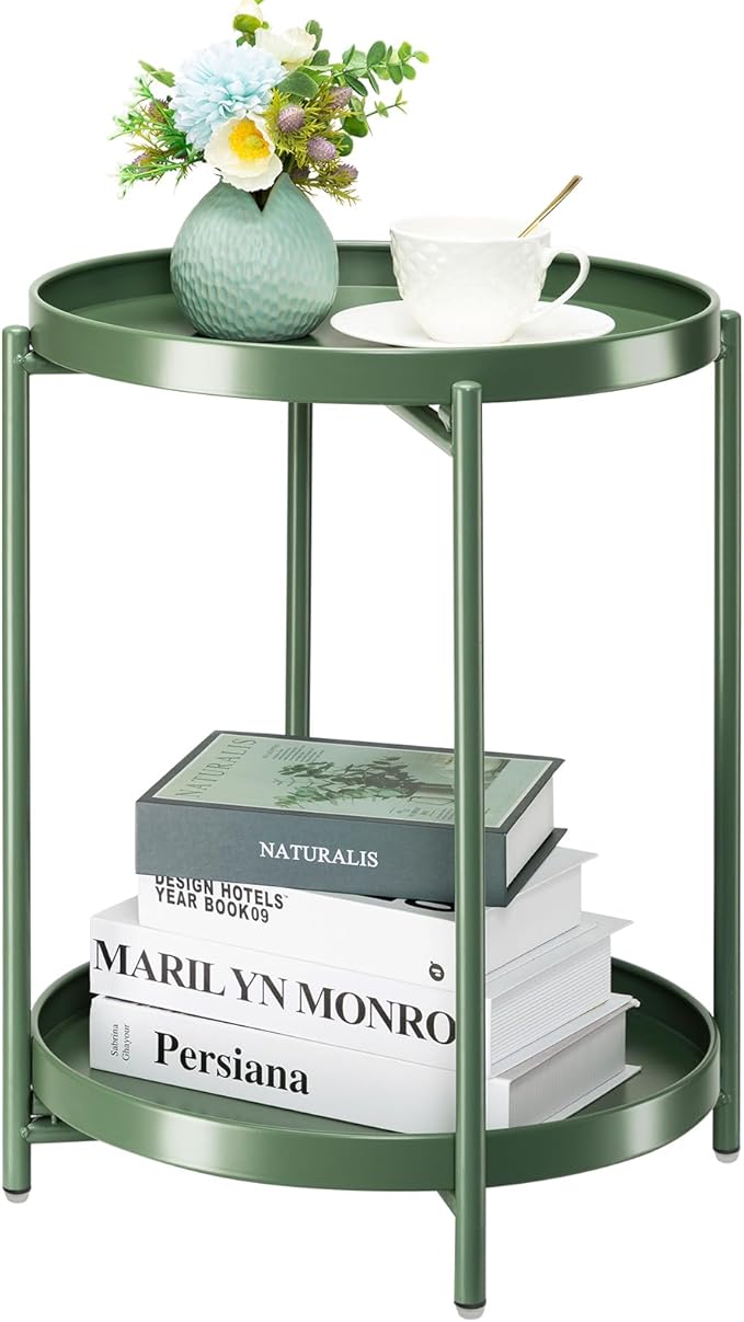 danpinera 2 Tier Metal Side Table with Removable Tray, End Table Outdoor Small Accent Table, Anti-Rust Green Nightstand for Bedroom Balcony Patio (Dark Green)
