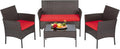 FDW Patio Furniture Set PE Rattan Patio Set Wicker Outdoor Furniture Bistro Set for Outdoor Indoor Use with Loveseats Coffee Table, Red Cushions, 4 Pieces