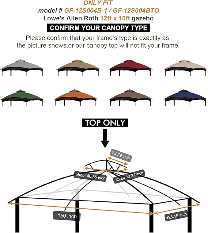 Eurmax USA High Performance Replacement Canopy Top for Lowe's Allen Roth Heavy Duty Gazebo Roof Gazebo Top with Air Vent 10X12 Cover #GF-12S004B-1, Replacement Top Only (Rust)