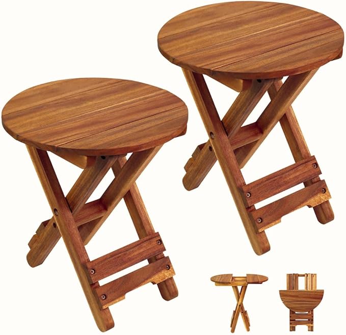Small Patio Table, Outdoor Folding Side Table, Portable Side Table, Small Side Table, Accent Table, Small Coffee End Table, Wood Table Top for Living Room, Bedroom... (Round - Acacia - Set 2)