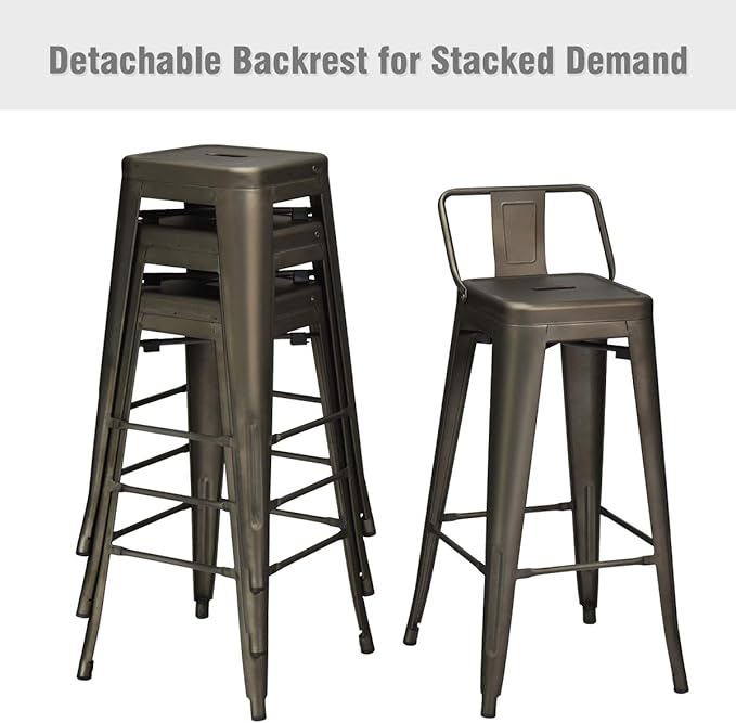 COSTWAY Metal Bar stools Set of 4, with Removable Back, 30'' Bar Height Stools with Rubber Feet, Stylish and Modern Chairs, for Kitchen, Dining Rooms, and Side Bar (Gun, 30'')