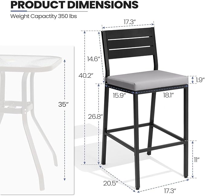 Crestlive Products Outdoor Bar Stools Set of 2, Patio Counter Height Barstools with Cushions, Tall Chairs with Back and Footrest for Deck, Lawn, Garden, Backyard, Poolside, Or Indoor Use (Light Gray)