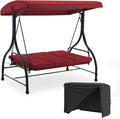 U-MAX Porch Swing with Cover, Patio Swing with Adjustable Backrest&Canopy 3 Seat Outdoor Swing with Canopy 2-in-1 Convertible Patio Daybed with Removable Burgundy Cushions