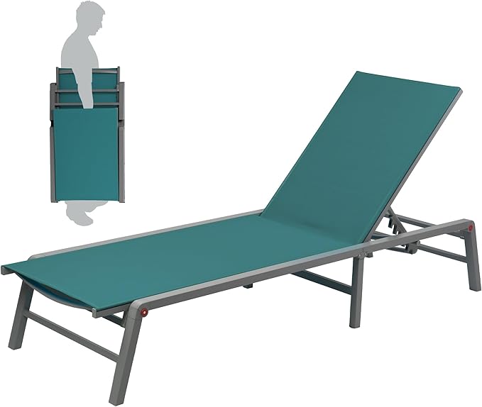Kozyard Outdoor Foldable Lounge Chair, Aluminum Frame Patio Lounger with 5-Position Adjustable Backrest, Breathable Textilene Fabric, Assemble-Free, Reclining Full-Flat Poolside(MintGreen, Notable)