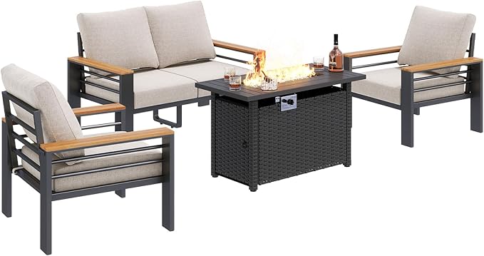 Aoxun Aluminum Outdoor Patio Furniture Set, 5-Piece Outdoor Sectional with 44'' Propane Gas Firepit Table, Patio Conversation Sets with Upgraded Armrests and Cushions for Backyard (Grey,4 Seats)