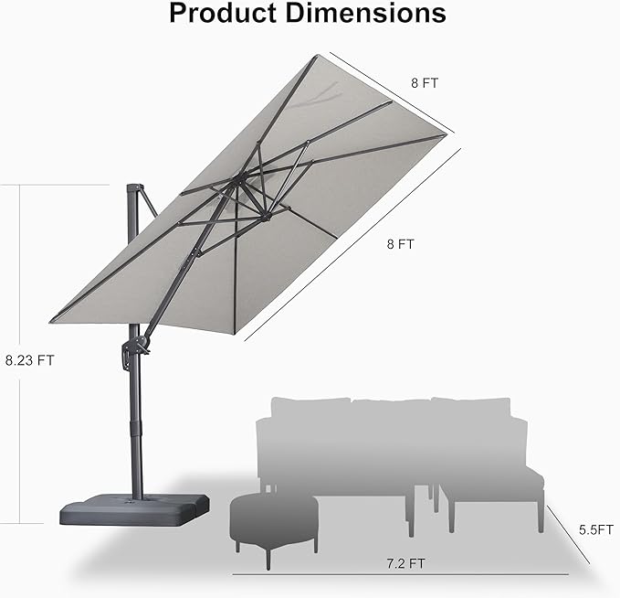 PURPLE LEAF Patio Umbrella 8' X 8' Rectangle Cantilever Umbrella Large Aluminum Outdoor Umbrellas with 360-degree Rotation & UPF40+ Premium Fabric for Deck Pool Garden Yard, Pebble Grey