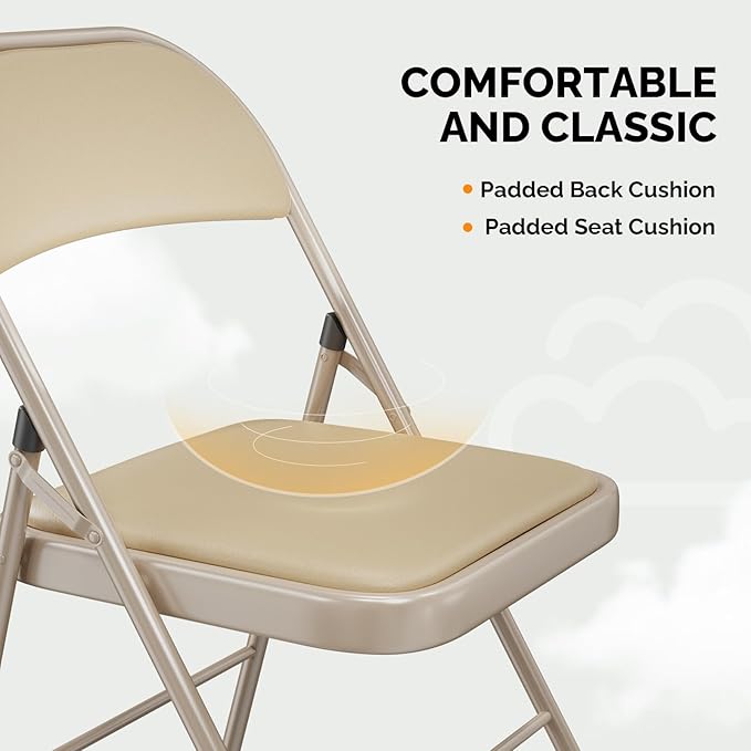 VINGLI 6 Pack Folding Chairs with Padded Seats, Metal Frame with Pu Leather Seat & Back, Capacity 350 lbs, Set of 6, Khaki
