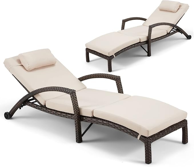 HOMREST Chaise Lounge Chairs Set of 2 for Outside, Adjustable 5 Position Outdoor PE Rattan Wicker Patio Pool Lounge Chair with Arm, Cushion, Pillow and Wheels for Poolside Backyard Deck Porch,Khaki