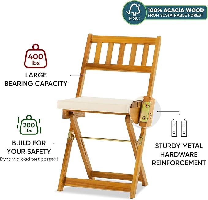 Idzo Heavy Duty 400lbs Capacity Patio Bistro Set 3 Piece Outdoor, Folding Chairs w/Cushion, Square Table - Upgrate 2024