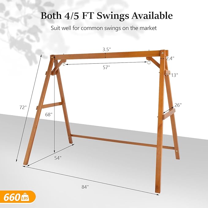 VINGLI 5 FT Outdoor Porch Swing with Frame, Patio Hanging Swing & Stand with Extra Cushions Heavy Duty 880 LBS for Yard, Garden, Pool, Deck, Brown