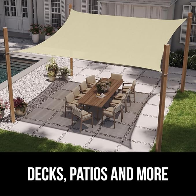 GORILLA GRIP Heavy Duty Sun Shade, UV Protection Fade Tear and Rust Resistant Rectangle Sunshade Canopy, Curved Edges Blocks Sunlight, Breathable Sail, Outdoor Patio, Lawn Garden 12x12 FT Butter Cream